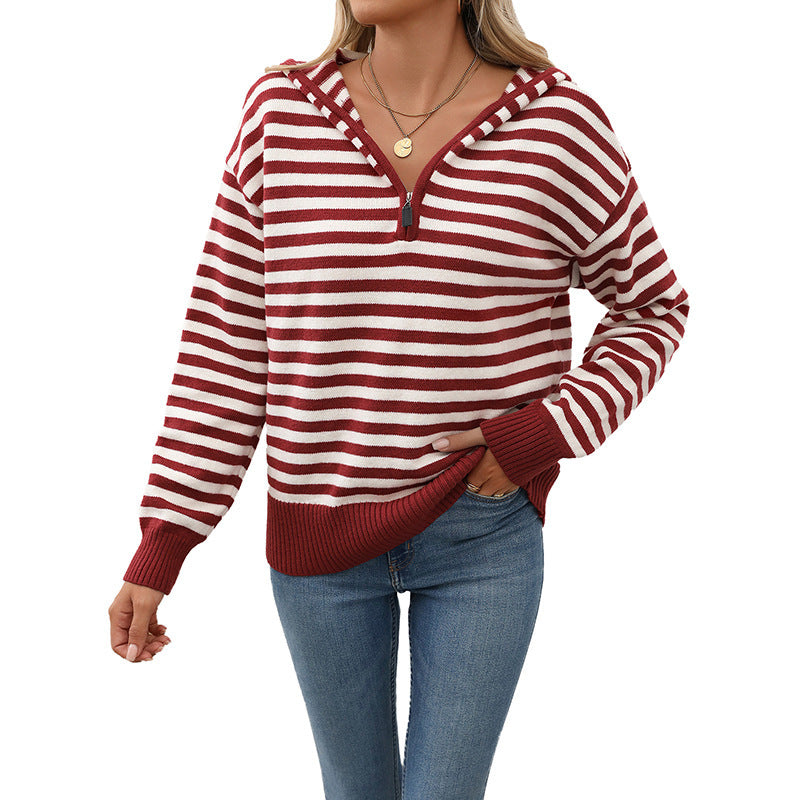 Women's V-Neck Striped Knit Pullover Sweater