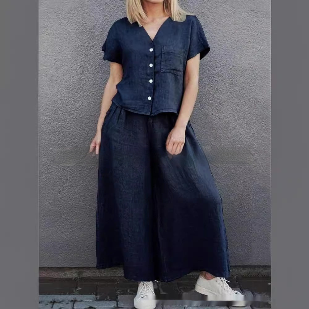 Women's Solid Color Short-sleeve Shirt and Wide-leg Pants Set