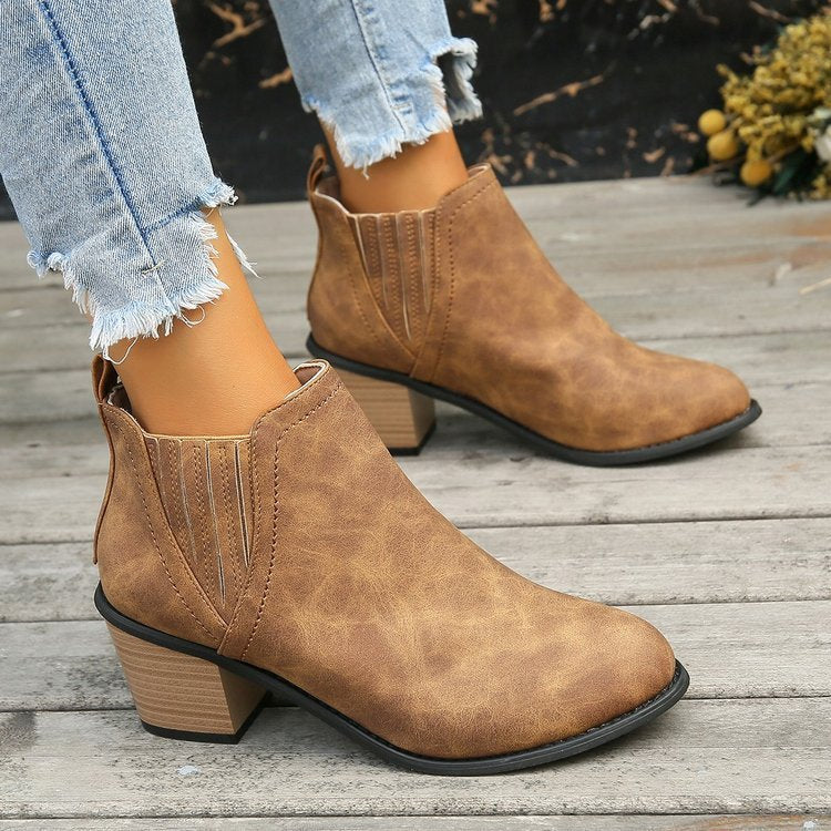 European and American Plus Size Women's Pointed Toe Chunky Heel Martin Boots