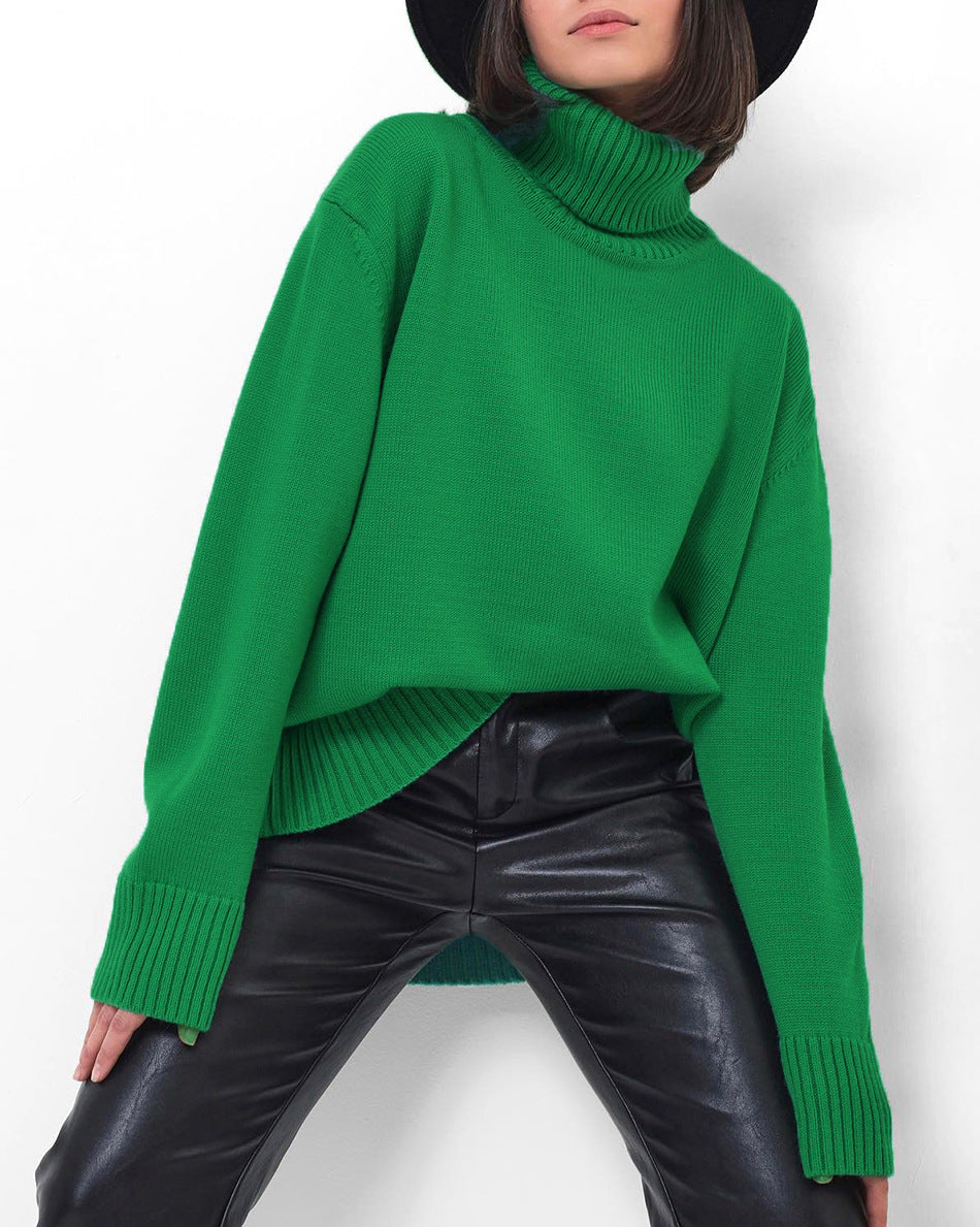 Women's Multicolor Loose Fit Turtleneck Pullover Sweater with Stand Collar