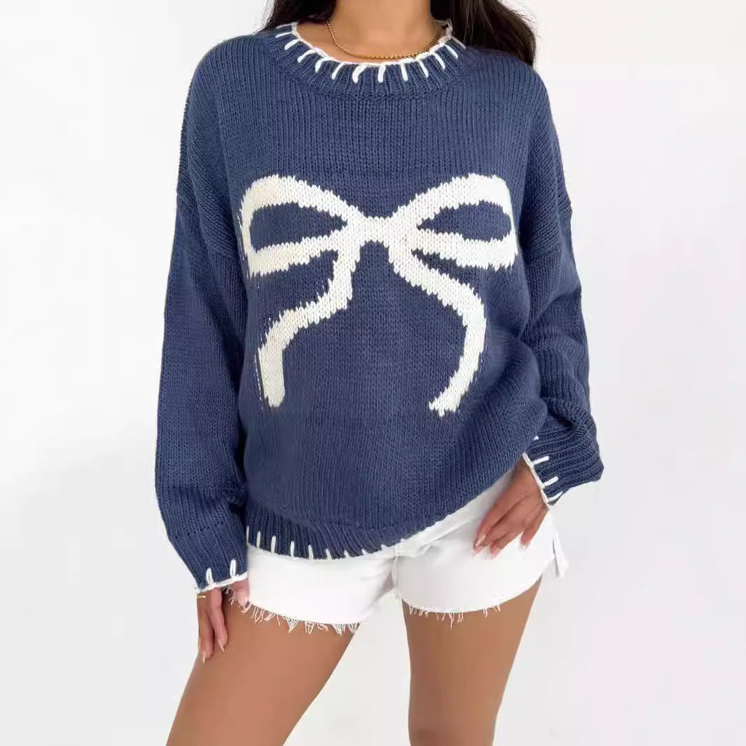 Fashionable Women's Bow Detail Brocade Sweater