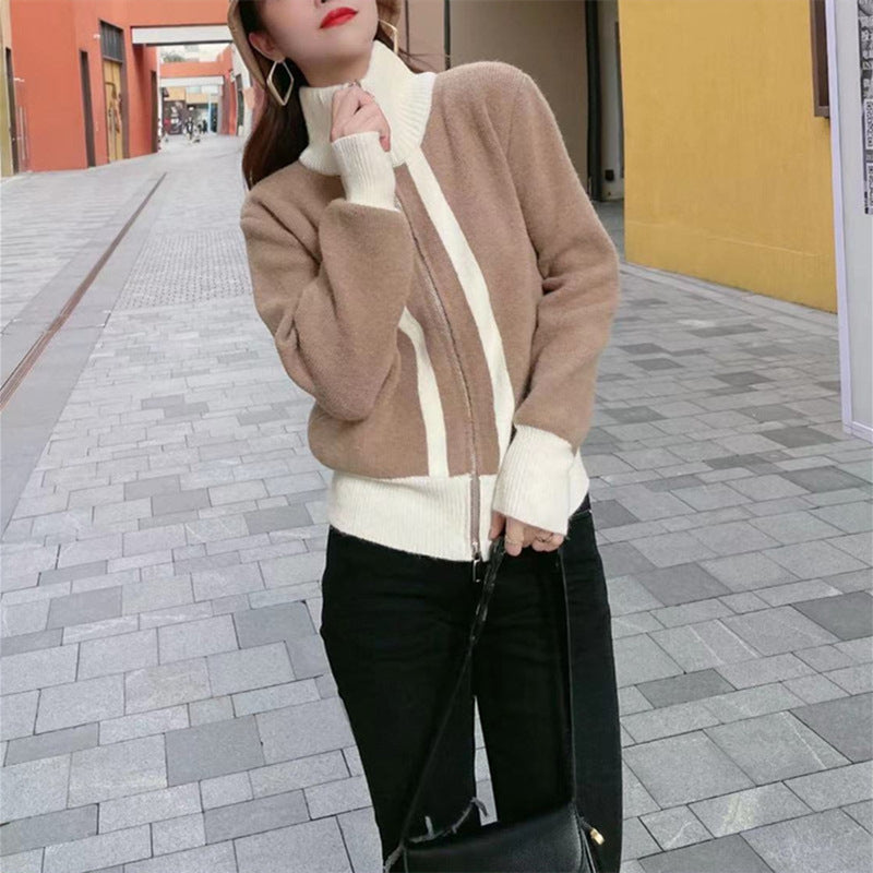 Women's Loose Korean-Style Stand Collar Cardigan with Elegant Temperament