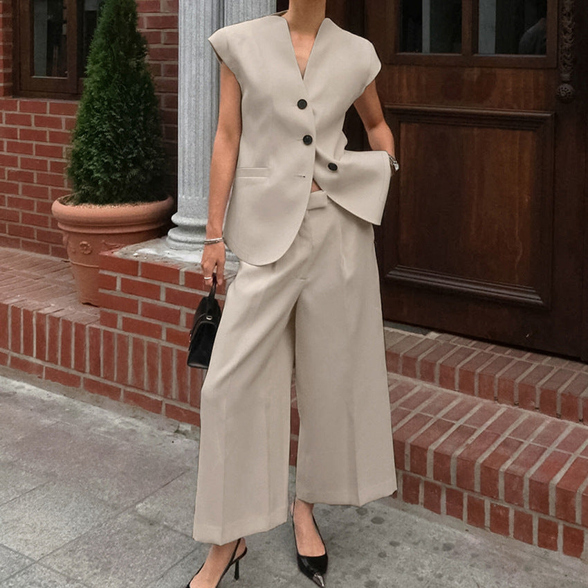 Khaki V-Neck Sleeveless Vest with High Waist Pants Suit