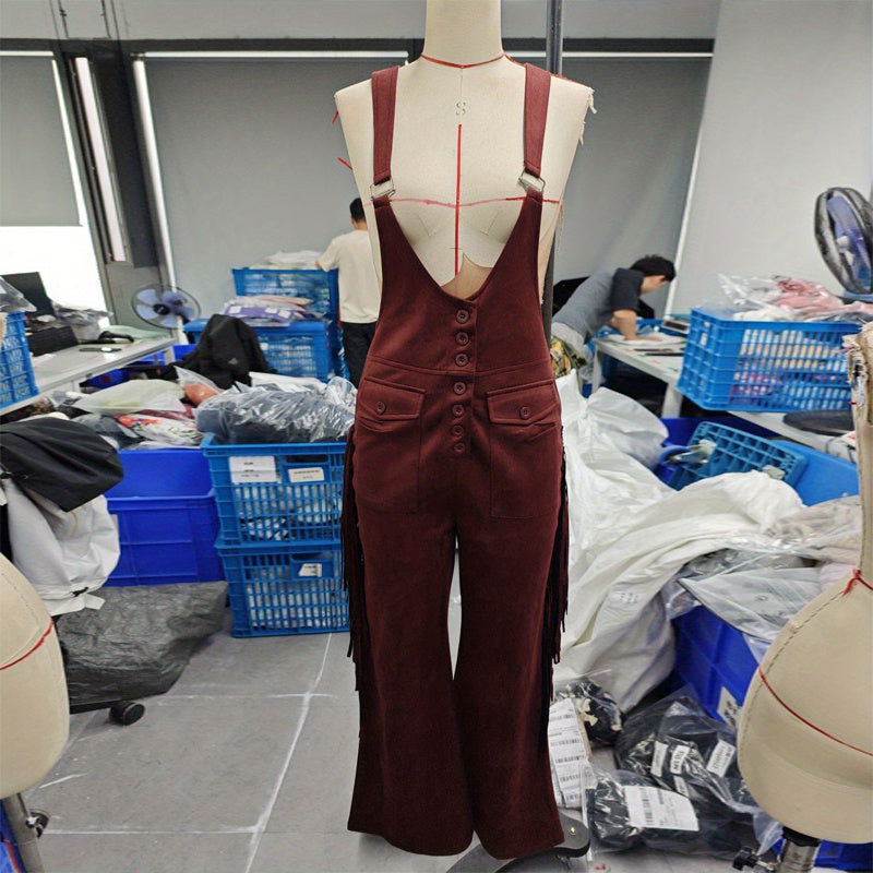 Women's Solid Color Fringe Wide-Leg Jumpsuit, Style Overalls With Pockets And Adjustable Straps And Button