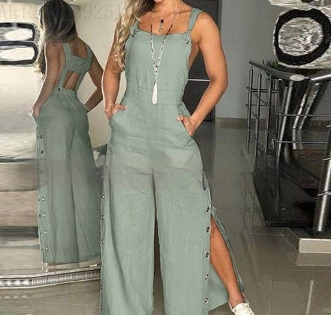 Women's Solid Color Sleeveless Jumpsuit with Side Pockets