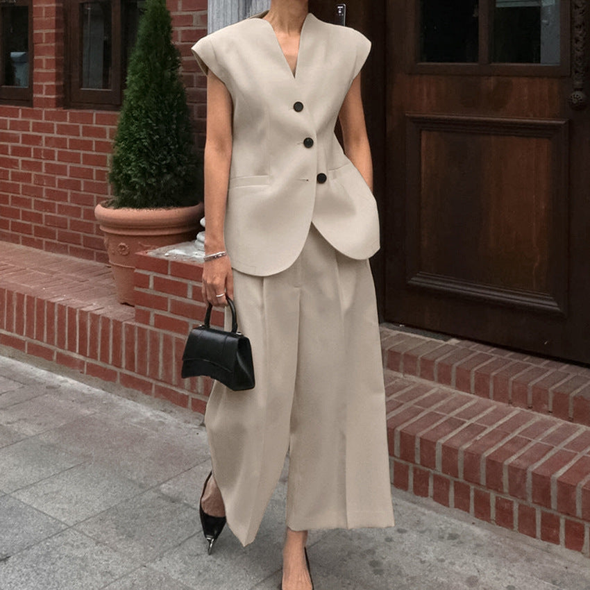 Khaki V-Neck Sleeveless Vest with High Waist Pants Suit