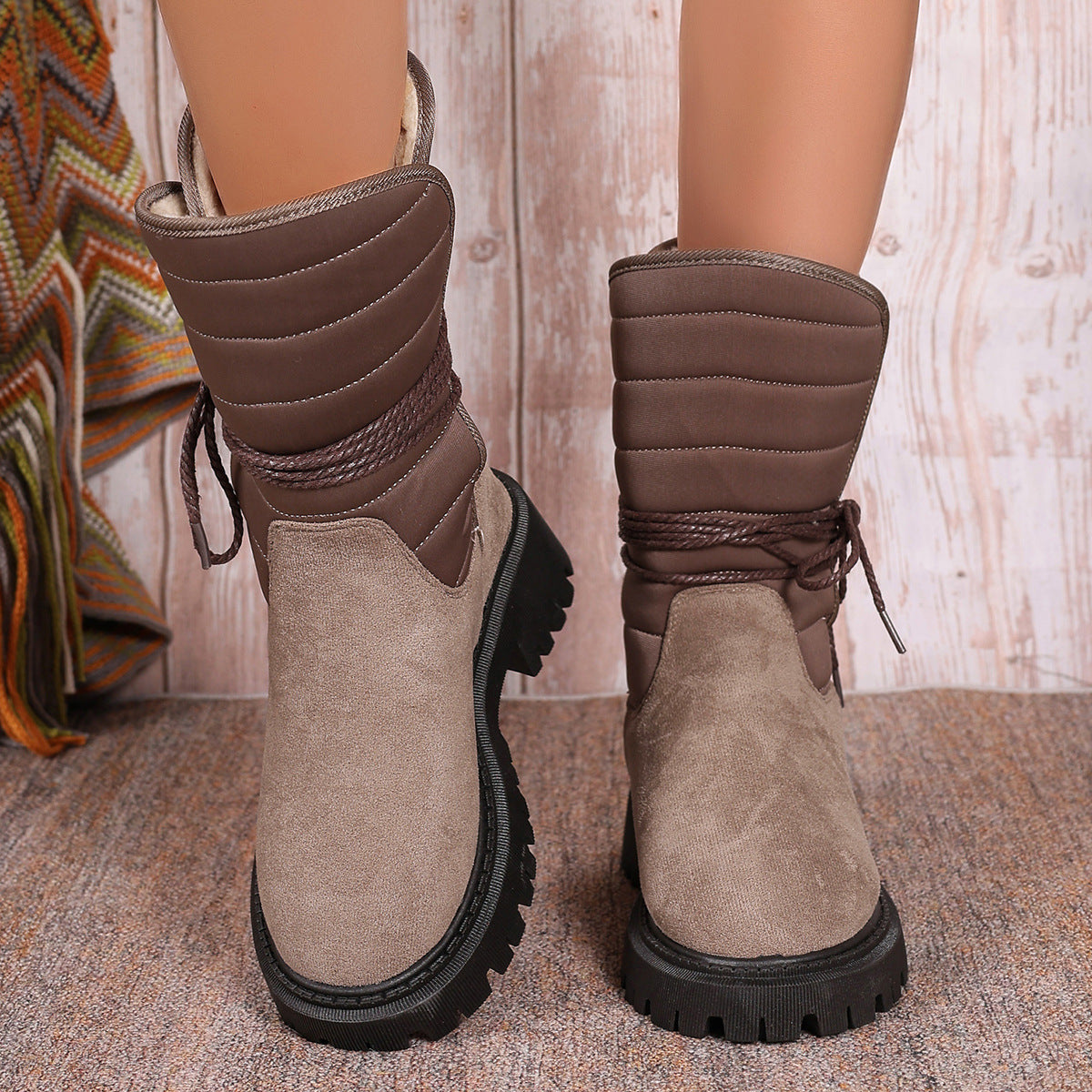 New Chunky Heel Mid-Tube Snow Boots for Women – Winter Warm Fleece Lined with Lace-Up Design