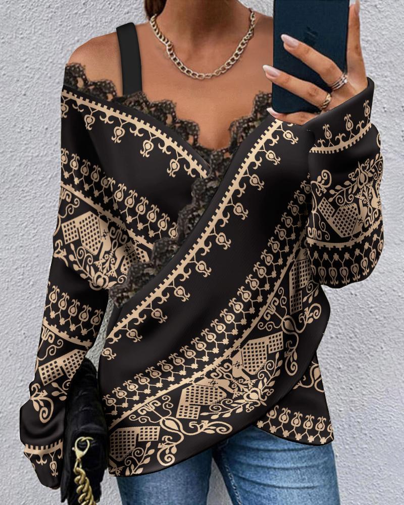 Lace-Trim Printed Long-Sleeve Top