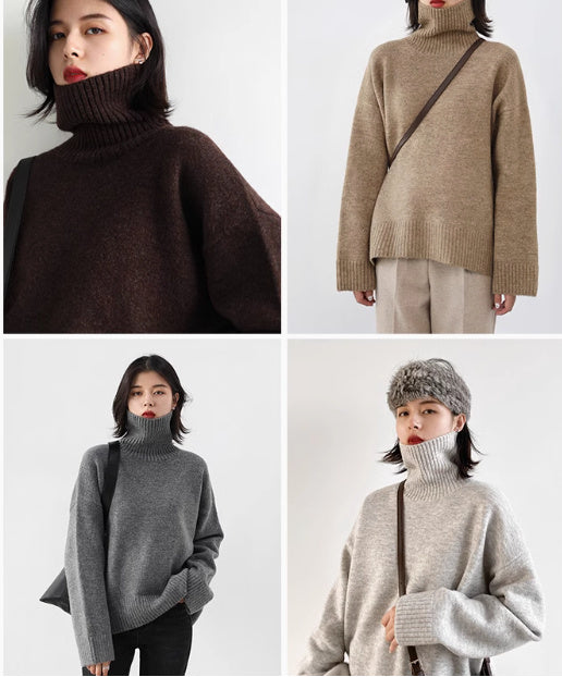 Loose-Fit Turtleneck Sweater with Solid Color, Warm Winter Underwear