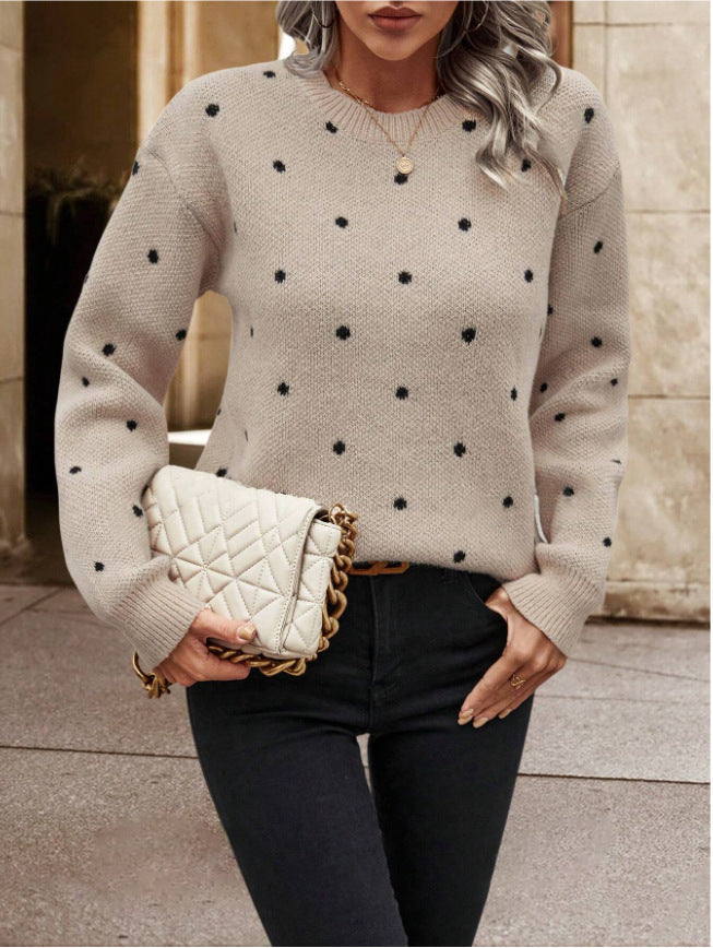 Fashion Round Neck Polka Dot Jacquard Long Sleeve Sweater – Trendy and Comfortable Pullover