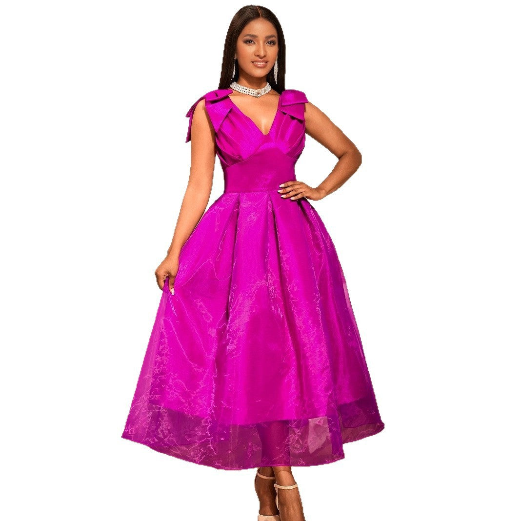 European And American V-neck Bow Sleeveless Dress