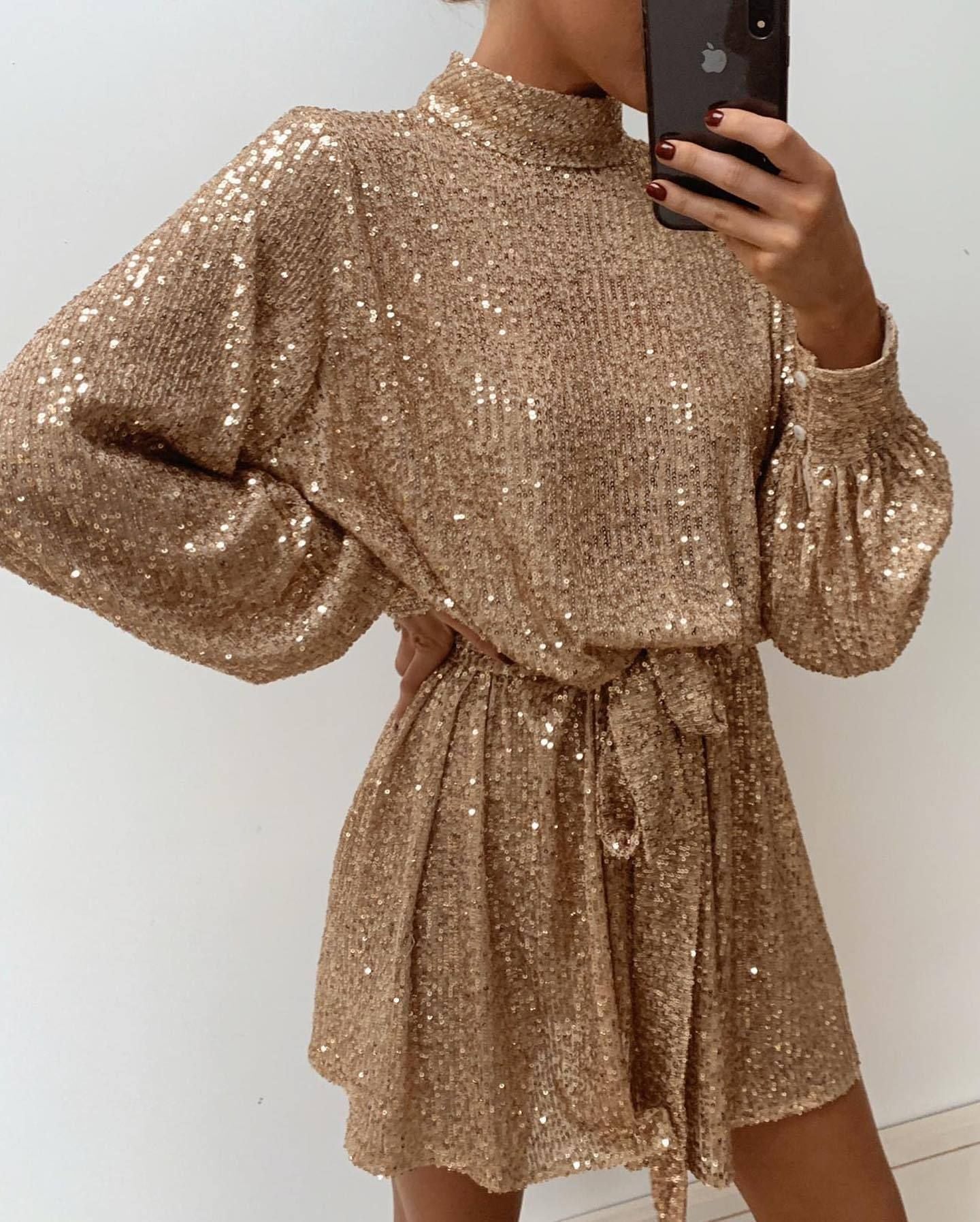 Gold Slim-Fit Tie-Waist Dress with Long Sleeves