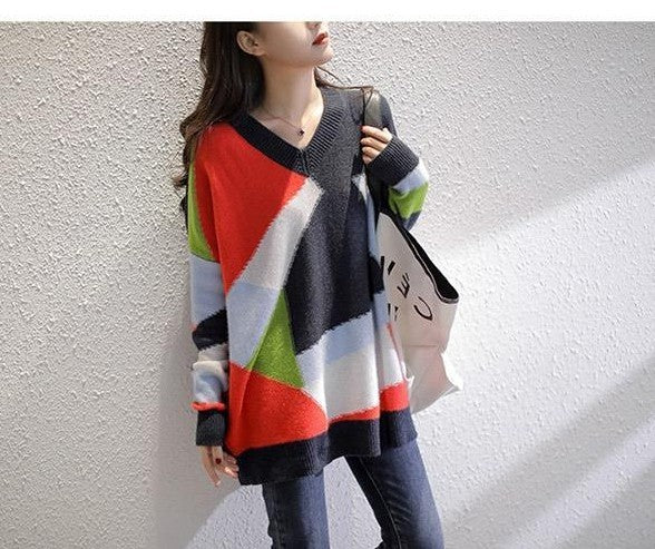 Women's V-Neck Knitted Sweater in Rainbow Colors – Casual Style