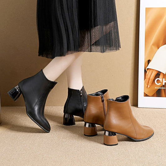 Autumn and Winter Chunky Heel Short Boots for Women in Soft Leather