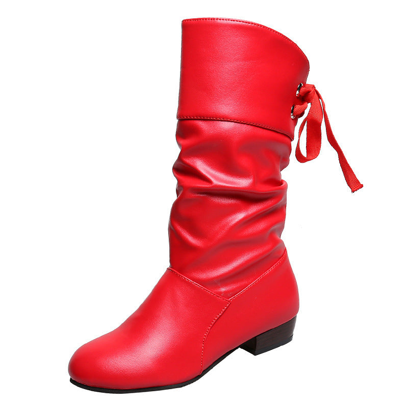 Student Mid-Calf Slingback Boots with Low Heel and Round Toe