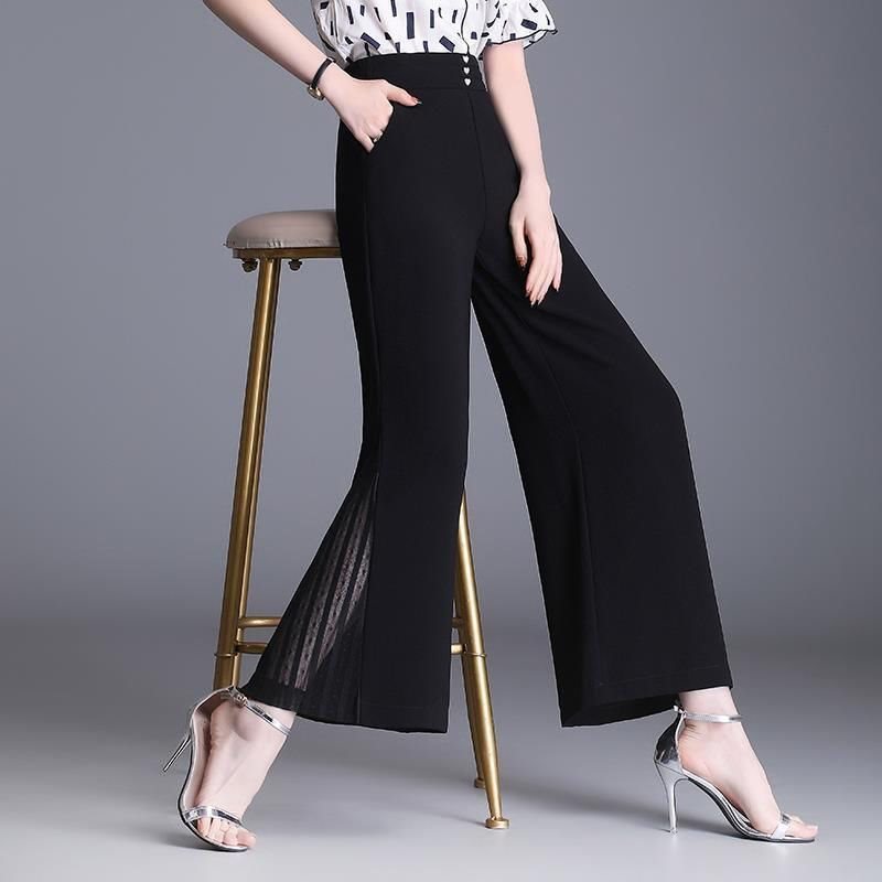 High-Waist Loose-Fit Slimming Black Cropped Chiffon Drape Pants