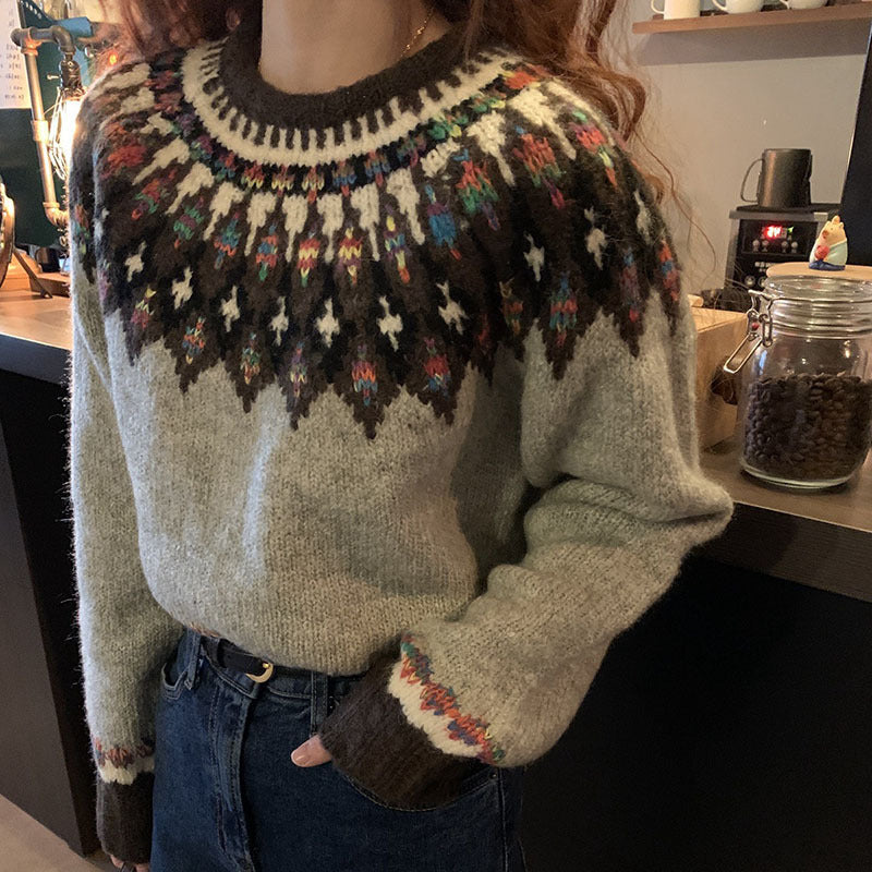 Retro Jacquard Sweater for Women, Loose and Casual Style