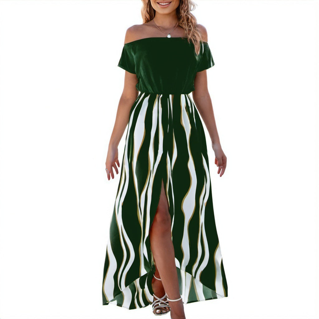 Off-the-Shoulder Zebra Pattern Dress with Waist Trimming, Short Sleeves