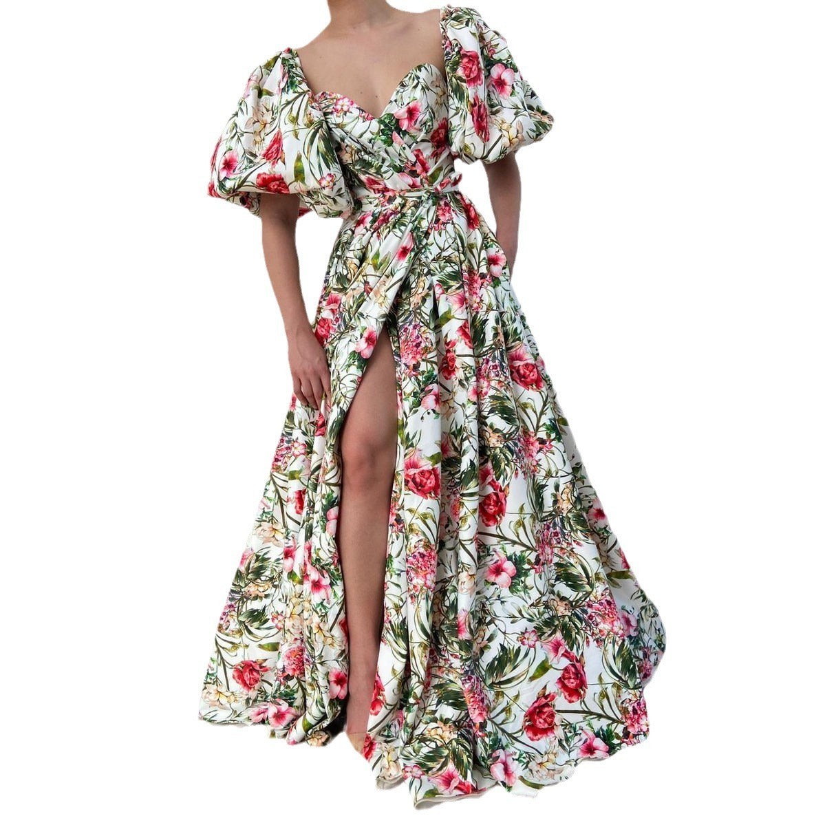 Women's V-neck Chiffon Printed High Waist Dress