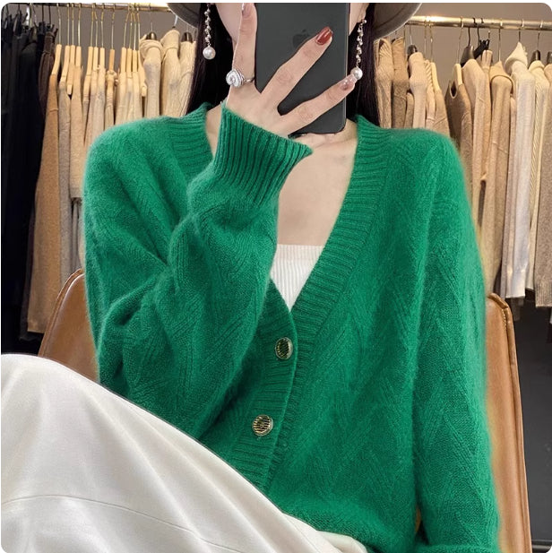 V-neck Long-sleeved Knitted Cardigan Simple And Loose-fitting Sweater Coat