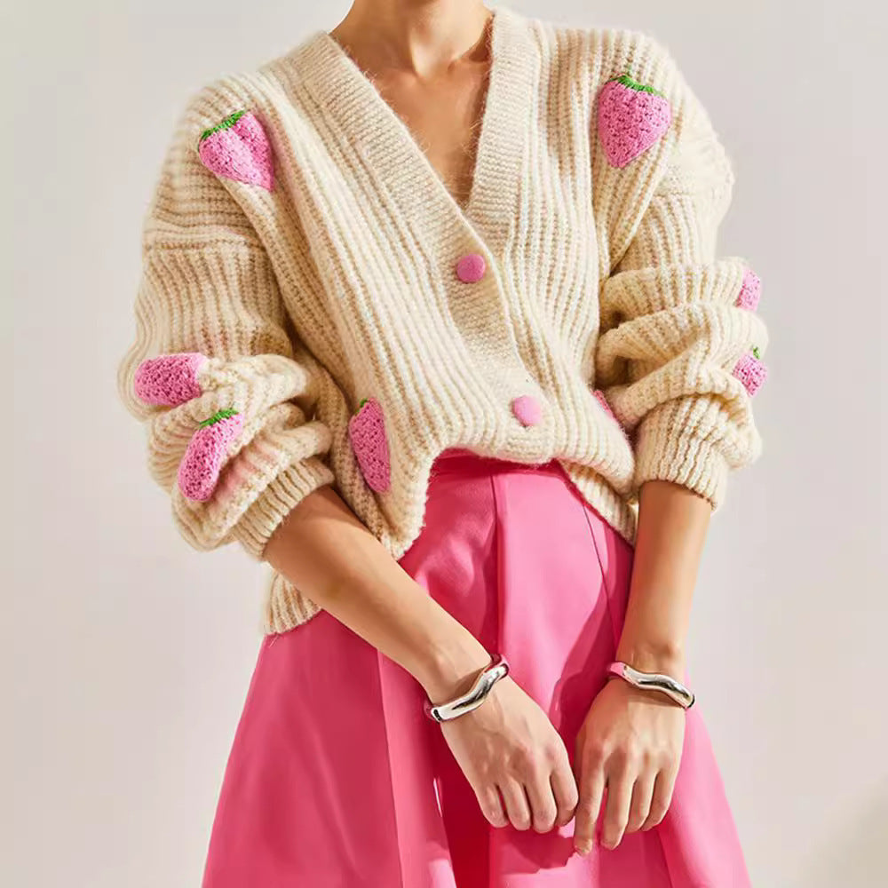 Sweet V-Neck Beige Cardigan Sweater with Decorative Details