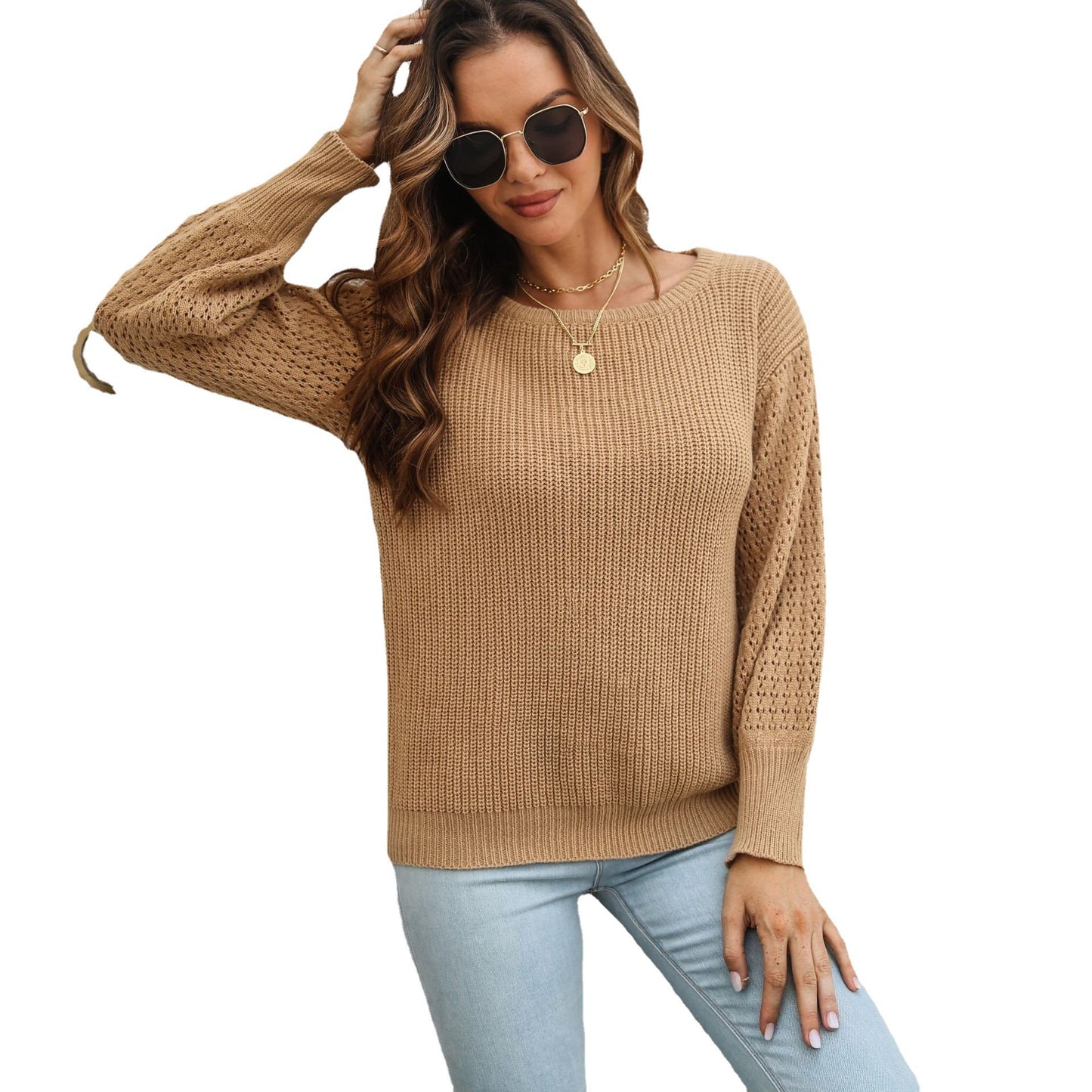 Women's Loose-Fit Autumn Long-Sleeve Sweater with Hollow Sleeves