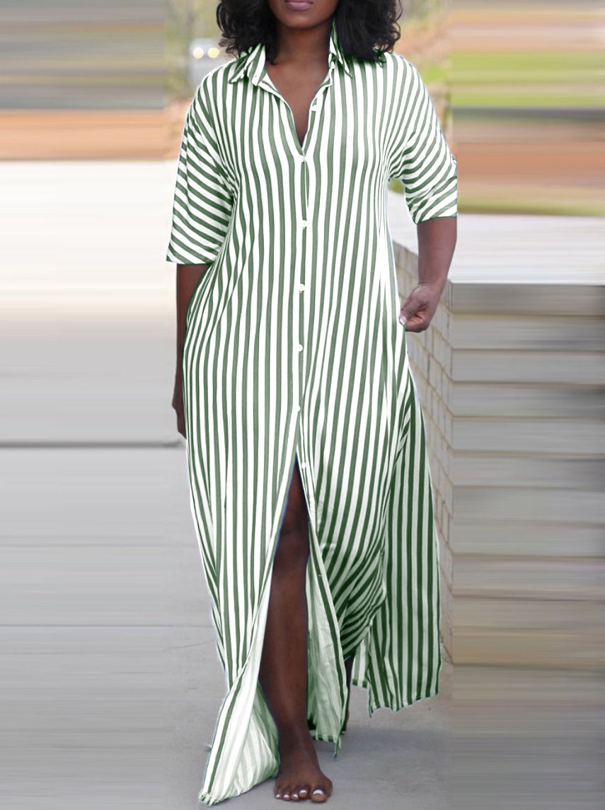 Women's Loose V-Neck Long Striped Shirt Dress