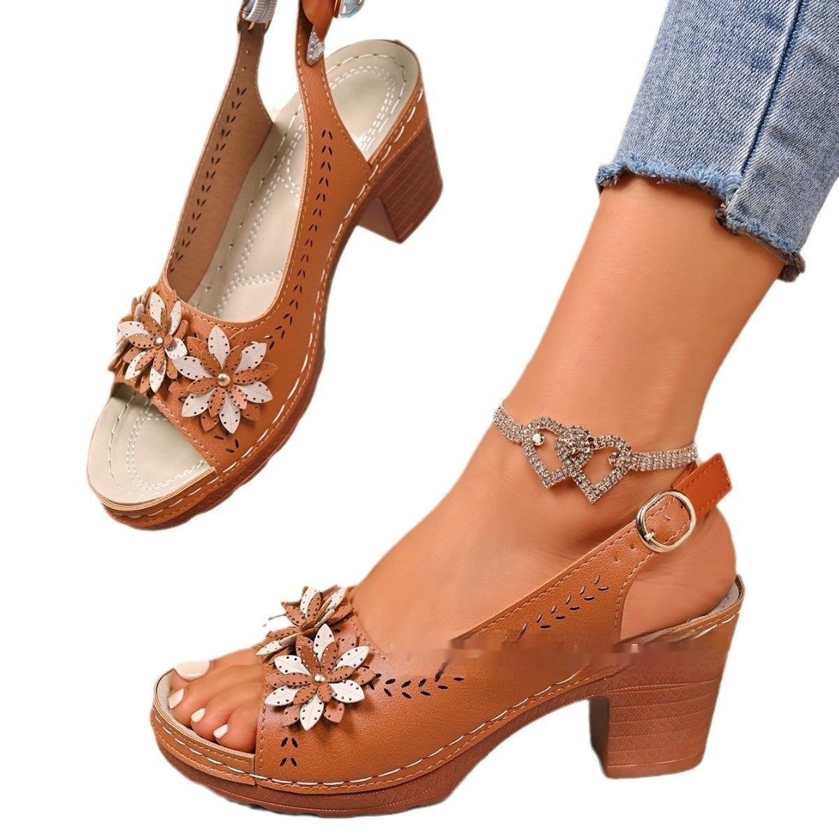 Plus Size Women's High Heel Slippers with Flower Detail