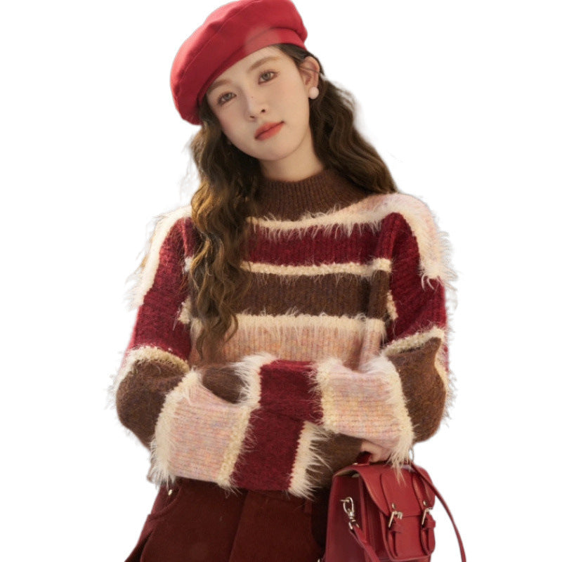 Women's Striped Loose Fit Splicing Knitwear Sweater