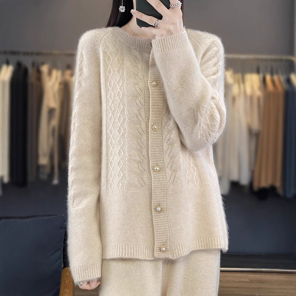 Women's Round Neck Pure Wool Knit Cardigan – Long Sleeve, Casual and Simple Design