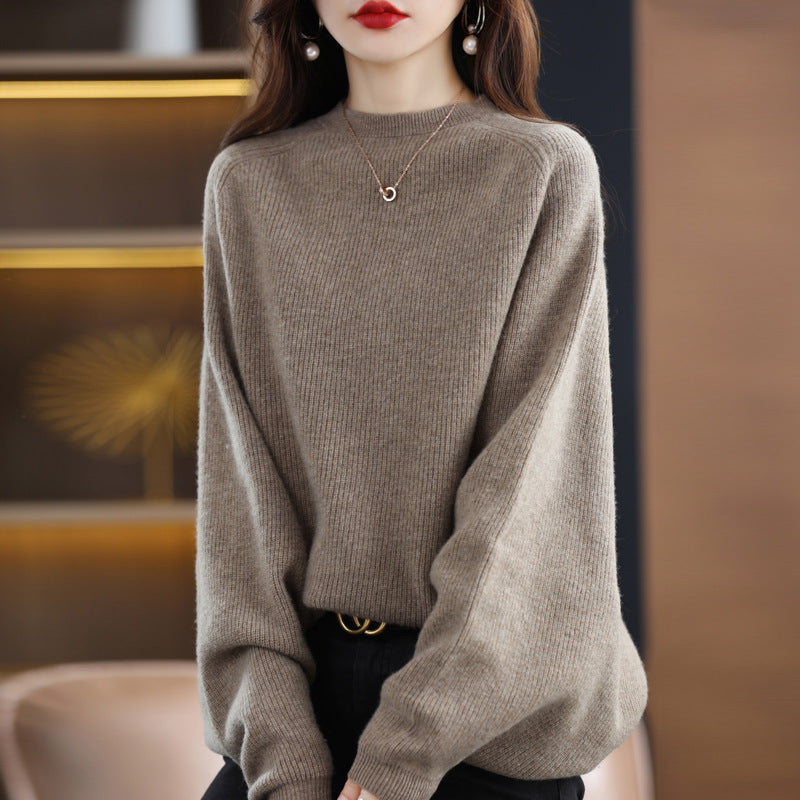 Women's Solid Color Wool Sweater – All-Match Round Neck Raglan Shawl Pullover