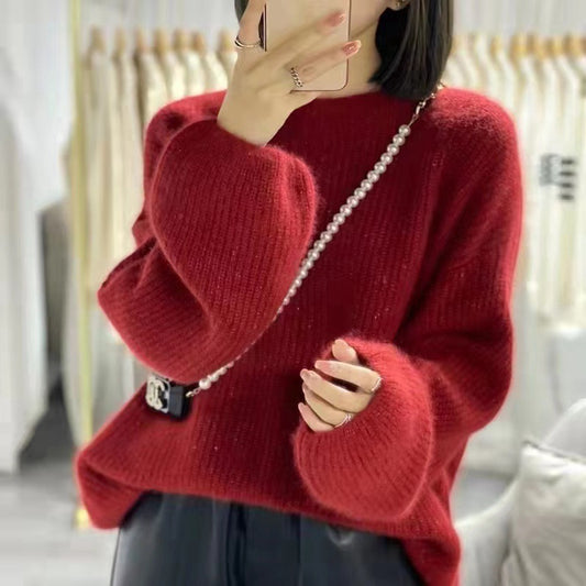 Round Neck Lantern Sleeve Knitted Sweater in Lazy Style