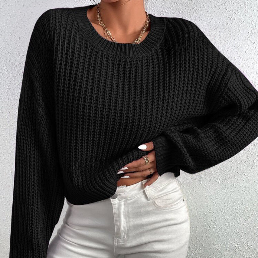 Loose-Fit Short Pullover Sweater with Round Neck and Long Sleeves