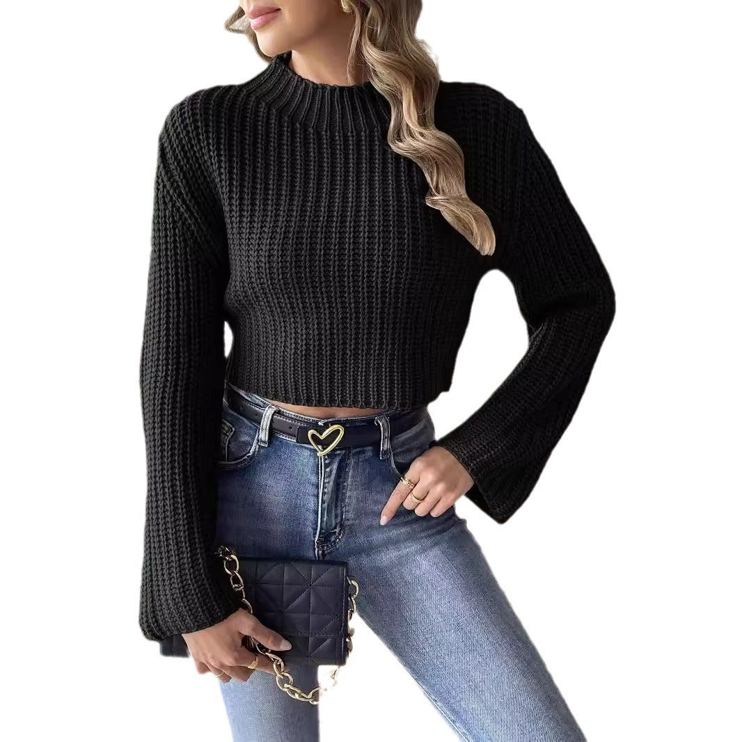 Women's Cropped Bell Sleeve Half-Turtleneck Knit Pullover