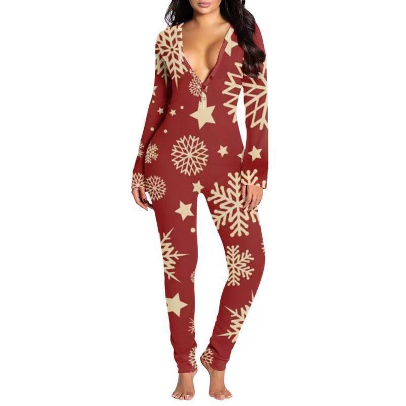 Women's Printed Button-Up Tight Jumpsuit