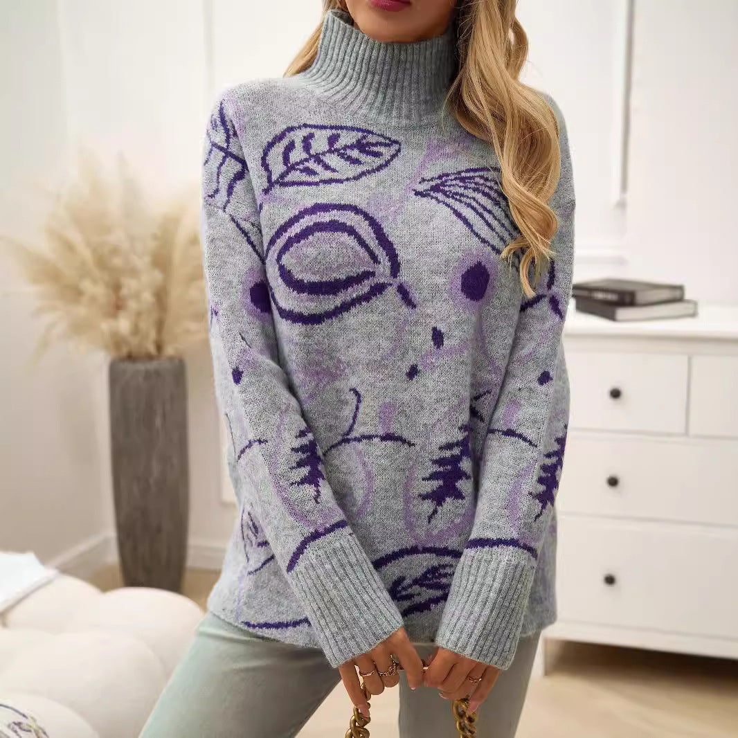 Turtleneck Jacquard Pullover Sweater – Women's Fashion Top