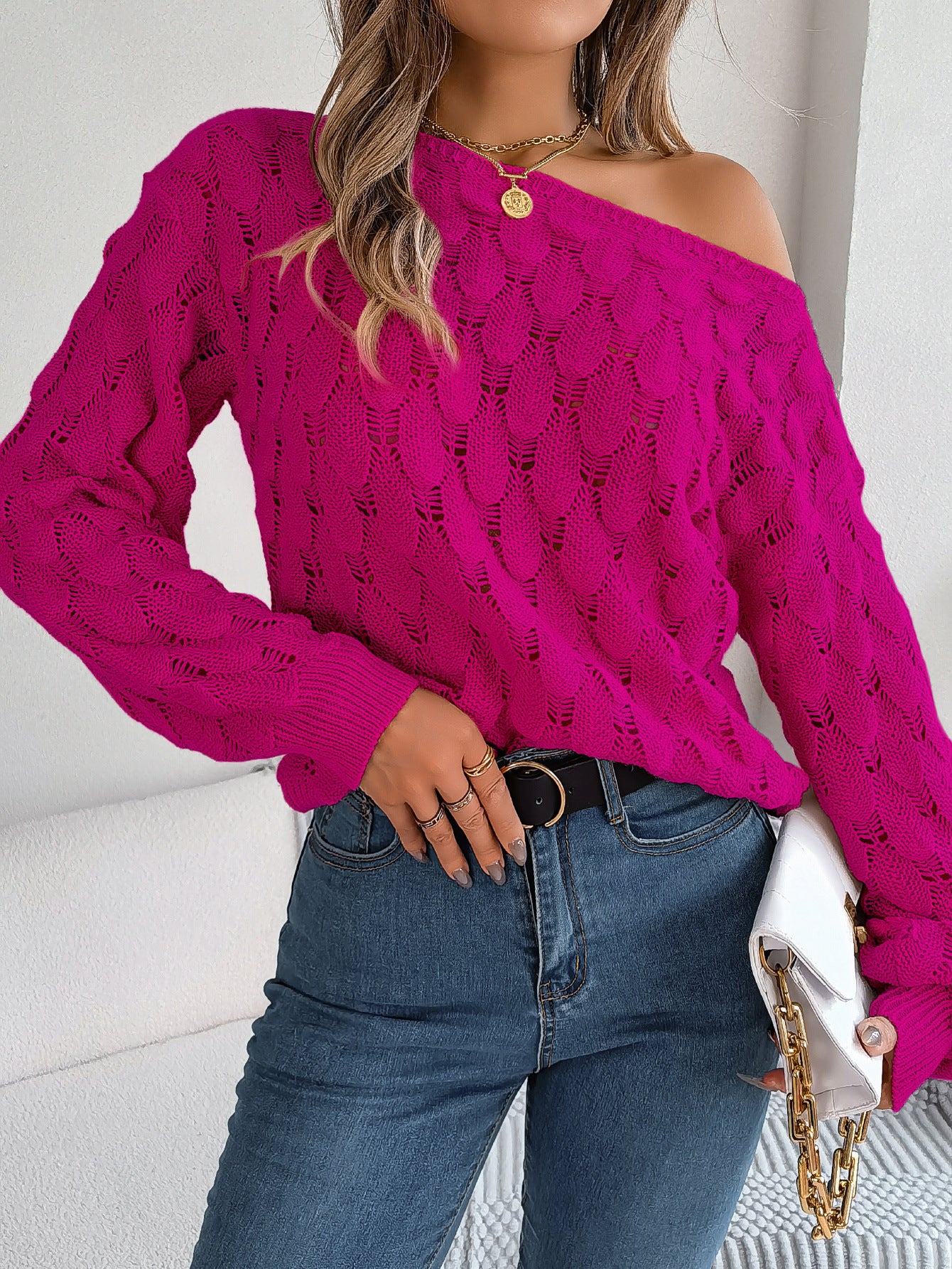 Hollow-Out Off-Shoulder Sweater with Off-Neck and Lantern Sleeves