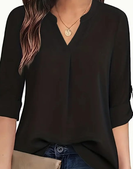 Chic Solid V-Neck Blouse for Women – Fashionable and Relaxed Long Sleeve Casual Style