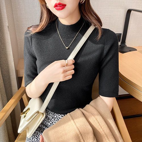 Solid Color Mock-Neck Mid-Length Sleeve Tight-Fitting Bottoming Shirt for Women