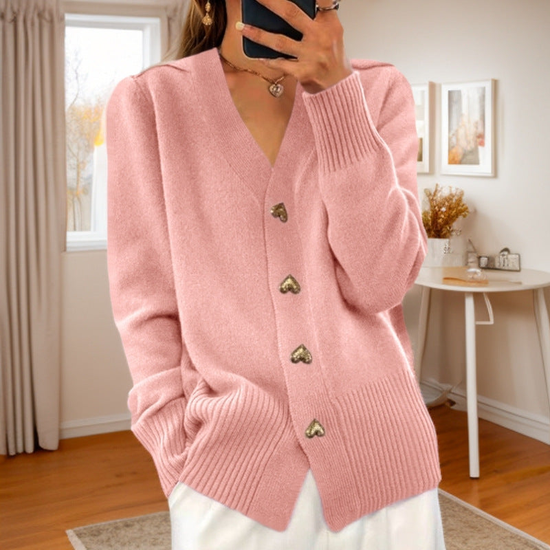 New Autumn & Winter Solid Color Long Sleeve V-Neck Knitted Cardigan