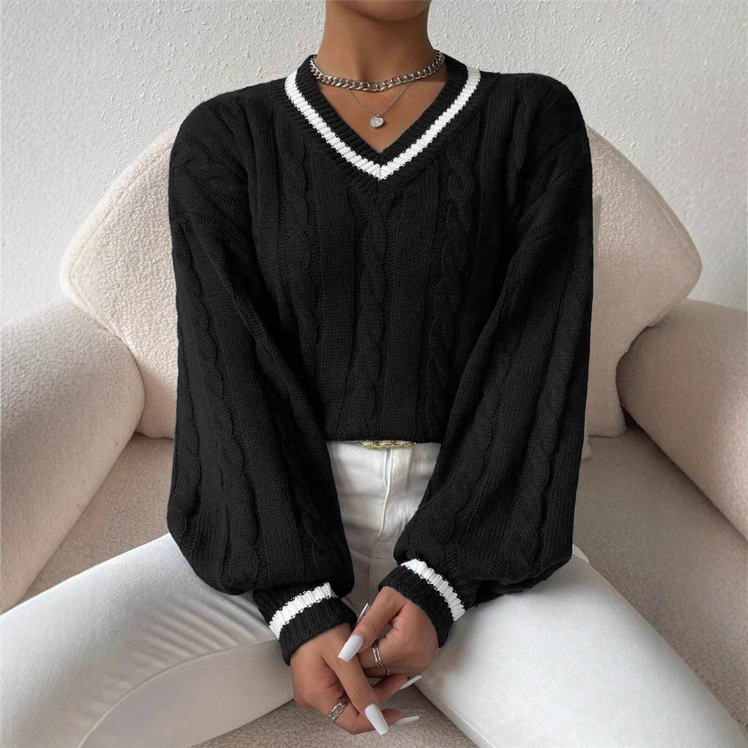 Autumn and Winter Contrast Color Twisted V-Neck Loose Women's Sweater