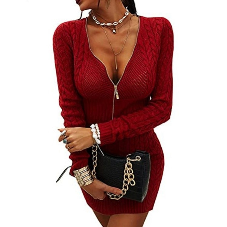 Women's Mid-Length Slim Fit Knit Dress Sweater - Solid Color V-Neck Pullover with Zip-Up Detail