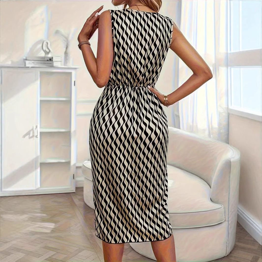 New Fashion Striped Print Waist-Controlled Dress – Elegant and Stylish