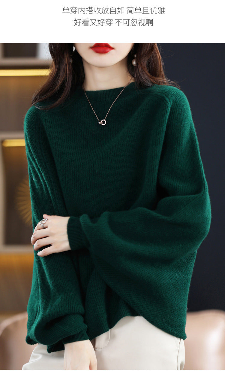 Women's Solid Color Wool Sweater – All-Match Round Neck Raglan Shawl Pullover