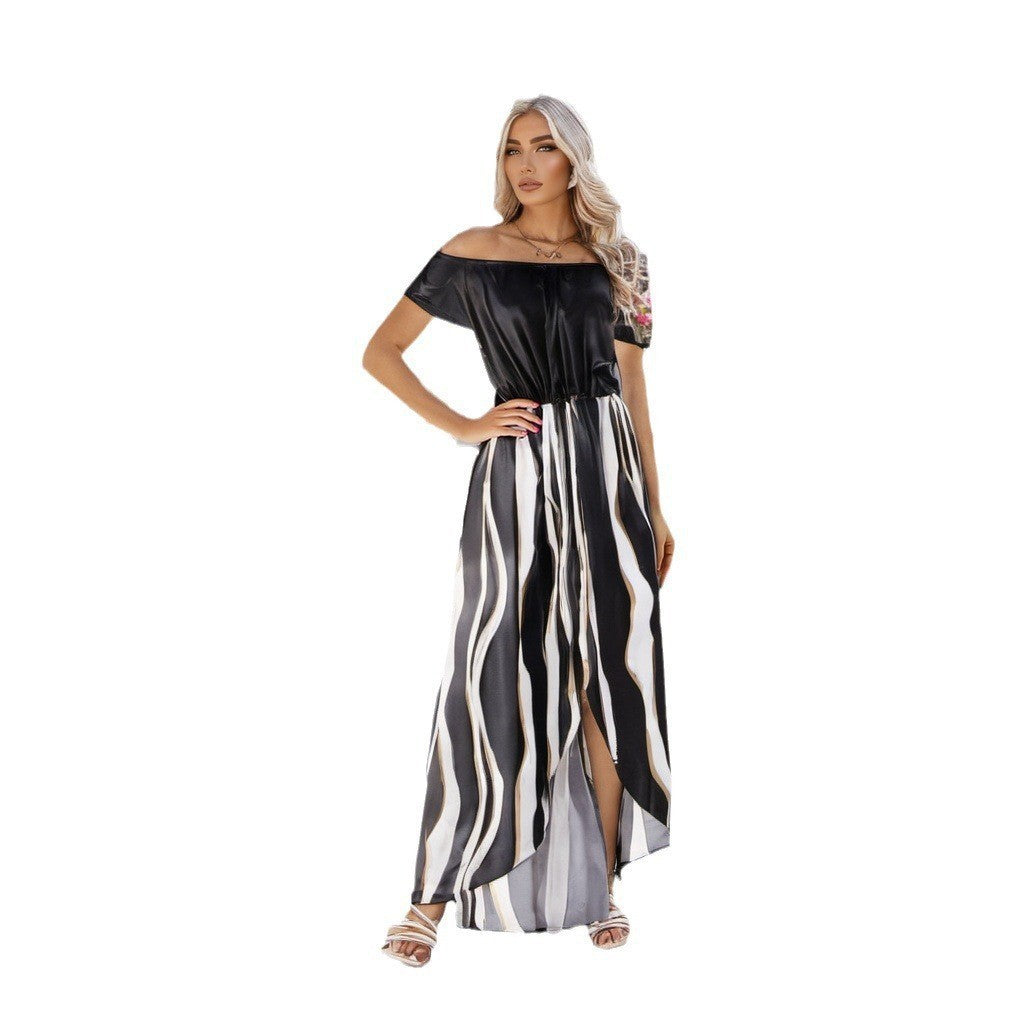 Off-the-Shoulder Zebra Pattern Dress with Waist Trimming, Short Sleeves