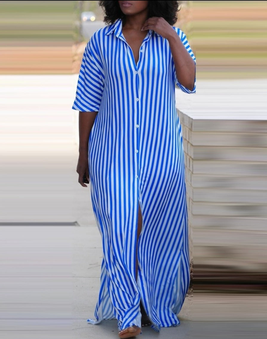 Women's Loose V-Neck Long Striped Shirt Dress