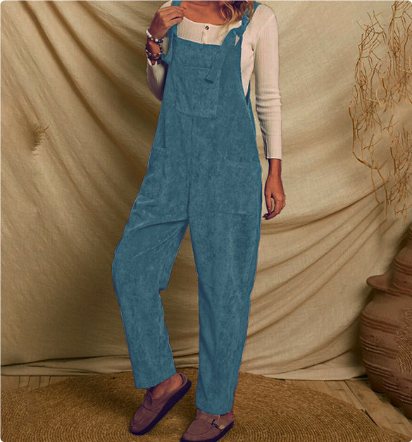 Corduroy Jumpsuit with Shoulder Straps and Multi-Pocket Design