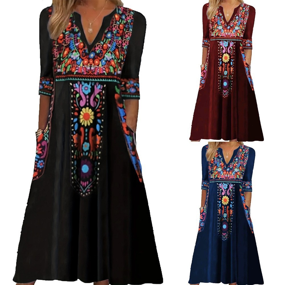 Women's Bohemian Printed Dress with 3/4 Sleeves and Pockets