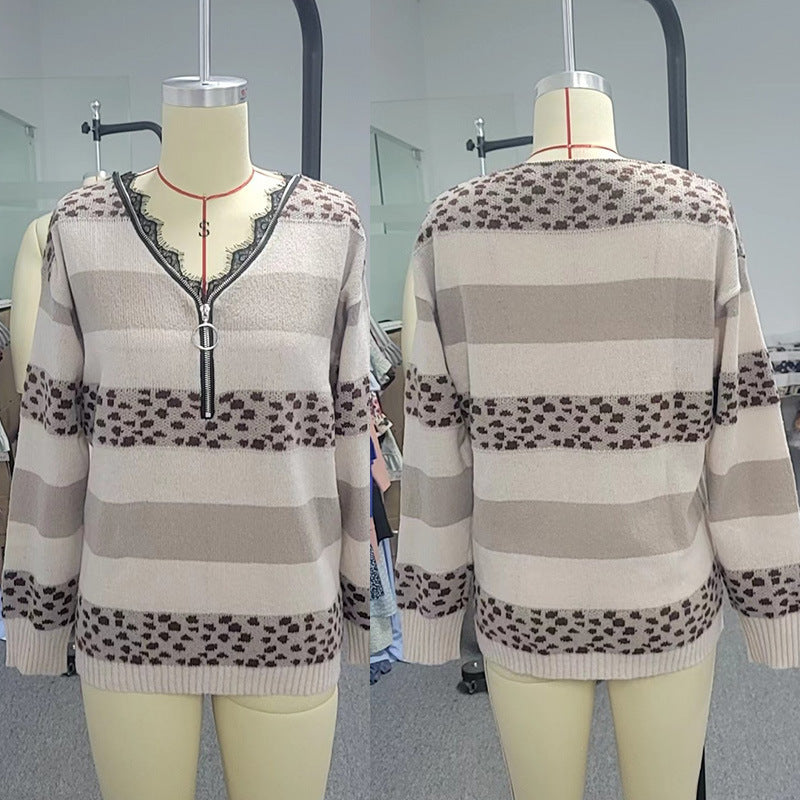 Autumn and Winter Striped Stitching Sweater Top for Women