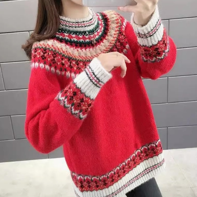 Women's Loose Vintage Jacquard Knit Sweater – Stylish Outerwear Top